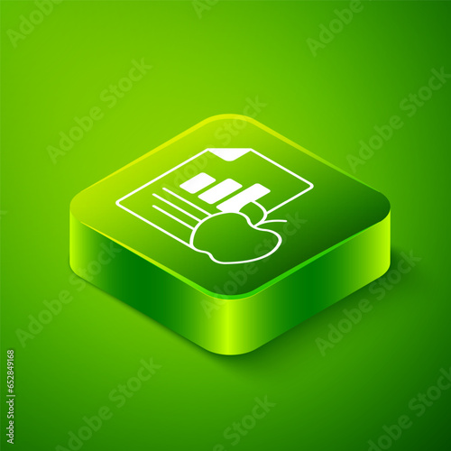 Isometric Diet plan icon isolated on isolated on green background. Concept of fitness marathon, proper nutrition, healthy food, beautiful body, vegetables, slimming. Green square button. Vector