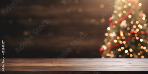 empty wooden table with golden bokeh and blurred strret light Christmas market,Christmas background photo