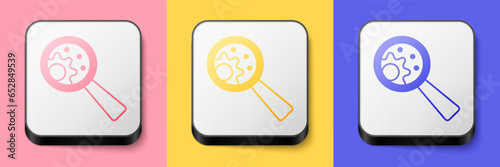 Isometric GMO icon isolated on pink, yellow and blue background. Genetically modified organism acronym. Dna food modification. Square button. Vector