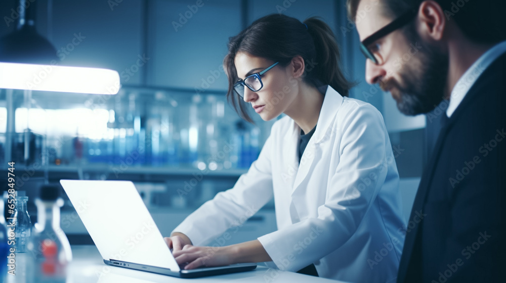 Scientists working at the laboratory. Working on their laptop in modern laboratory. Scientists working at the laboratory. Working on their laptop in modern laboratory.