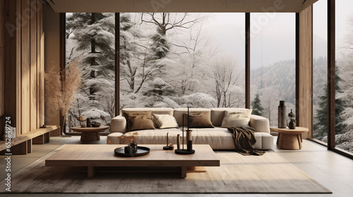 Japandi interior design for a modern living room featuring an elegant sofa, framed artwork, a table, and wall