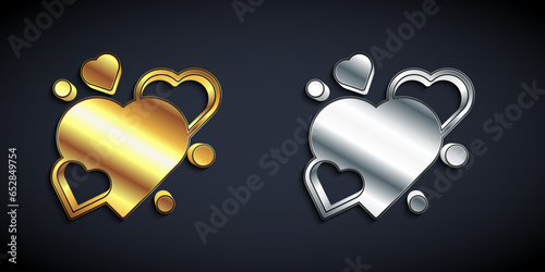 Gold and silver Heart icon isolated on black background. Romantic symbol linked, join, passion and wedding. Happy Valentines day. Long shadow style. Vector