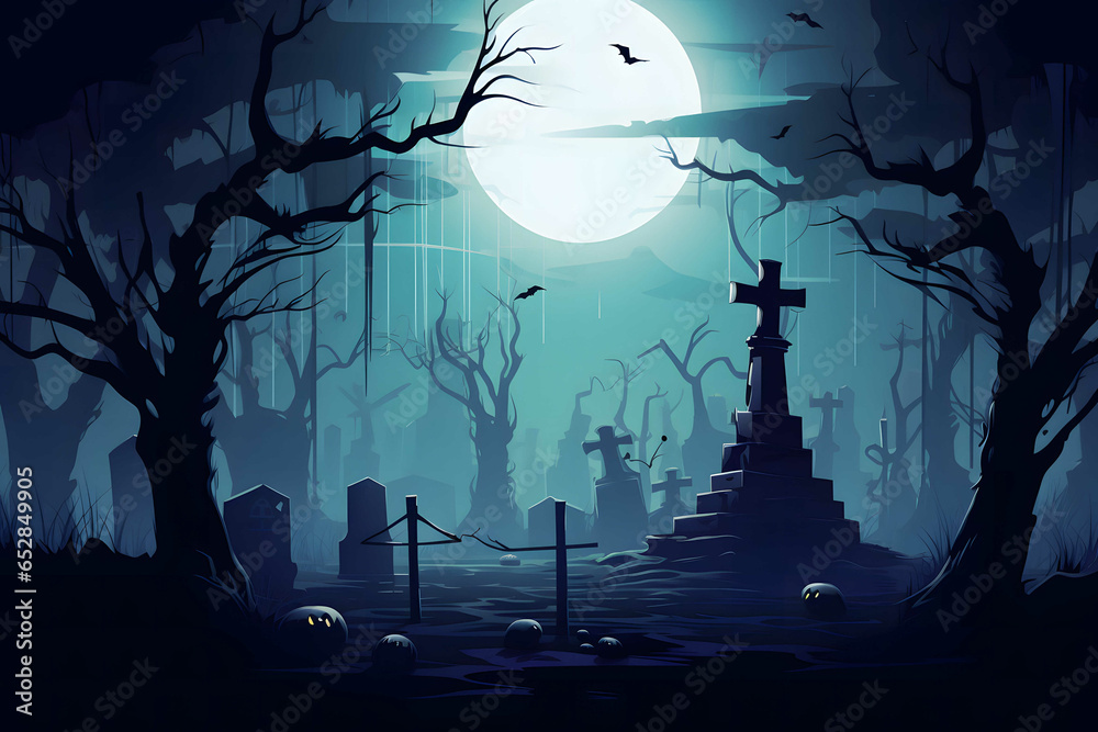 Fototapeta premium a Halloween vector background set in a ghostly graveyard, featuring spectral apparitions under a foggy moon