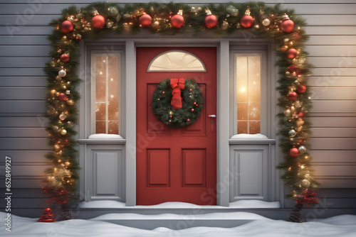 Front door and house with beautiful Christmas decor. Generative Ai 