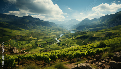 Lush green meadows, terraced fields, and vineyards adorn the mountainous landscape generated by AI