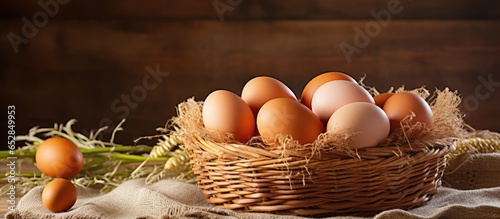 Place text organic eggs by a wicker basket containing brown eggs