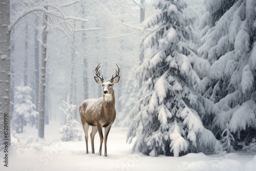 a single deer standing by a snow-covered christmas tree