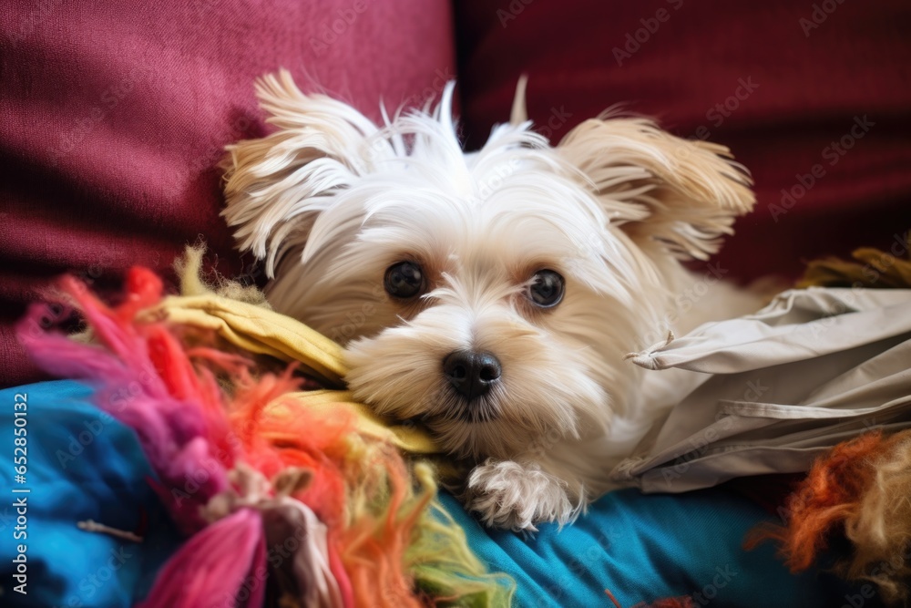 a small dog amid a torn pillow, feathers stuck on its snout