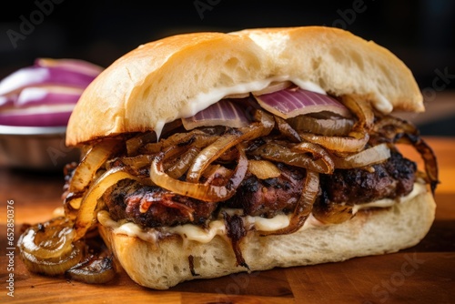 grilled onion slices topping a homemade burger on a bun