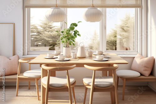 A bright Scandinavian breakfast nook, featuring a wooden dining table, neutral-toned dining chairs, and soft cotton placemats photo