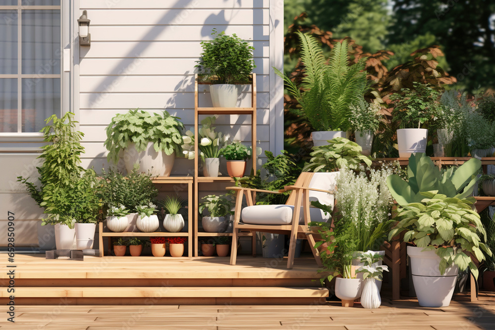 A calming minimalist outdoor gardening area, with clean-lined planters, essential gardening tools, and potted greenery