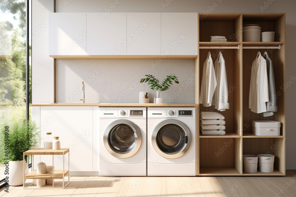 A clutter-free minimalist laundry room, with simple and efficient storage solutions and a sleek washer and dryer - obrazy, fototapety, plakaty 