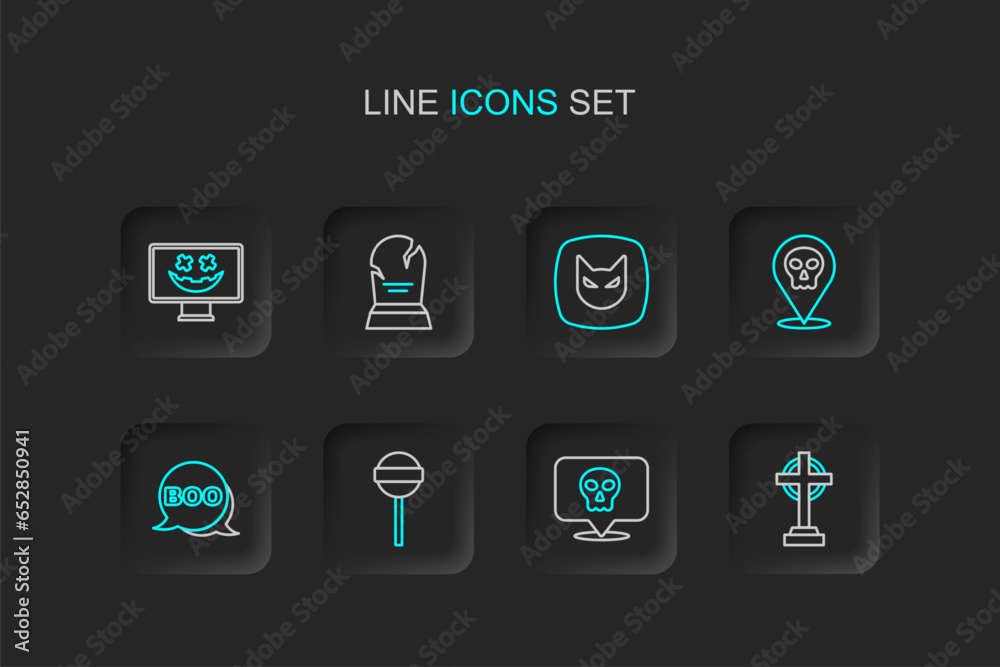 Set line Tombstone with cross, Skull, Lollipop, Boo speech bubble, Black cat, RIP written and Happy Halloween holiday icon. Vector Set line Tombstone with cross, Skull, Lollipop, Boo speech bubble, Black cat, RIP written and Happy Halloween holiday icon. Vector