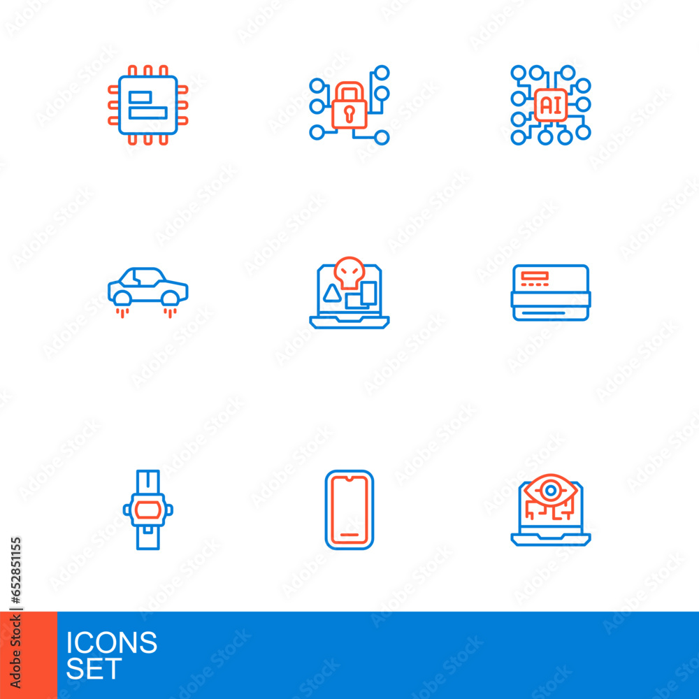 Set line Computer vision, Mobile phone, Wrist watch, Credit card, Fantastic flying, Internet piracy, Neural network and Cyber security icon. Vector