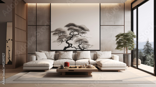 Japandi interior design for a modern living room featuring an elegant sofa, framed artwork, a table, and wall