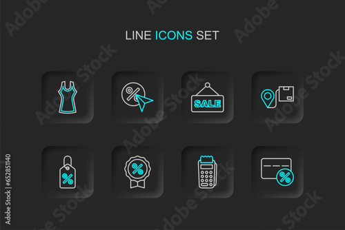 Set line Discount card with percent, POS terminal, tag, Location cardboard box, Hanging sign text Sale, and Woman dress icon. Vector
