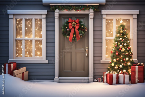 Front door with beautiful Christmas decor. Generative Ai
