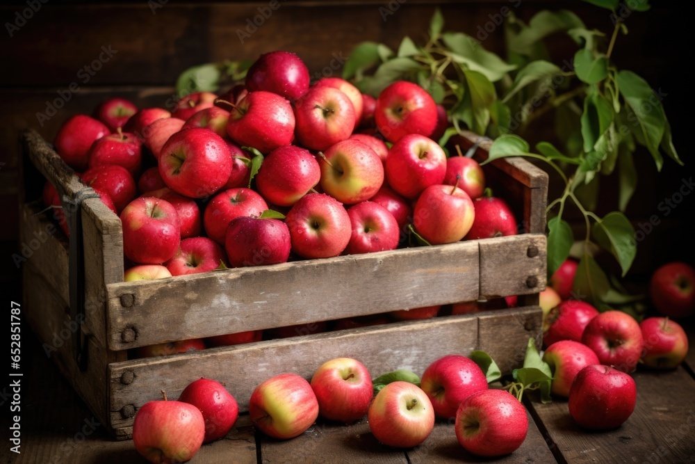 a rustic, wooden crate filled with freshly picked apples a rustic, wooden crate filled with freshly picked apples
