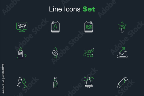 Set line Candy, Christmas ringing bell, Champagne bottle, Glass of champagne, santa claus sleigh, Carnival garland with flags, and Burning candle icon. Vector