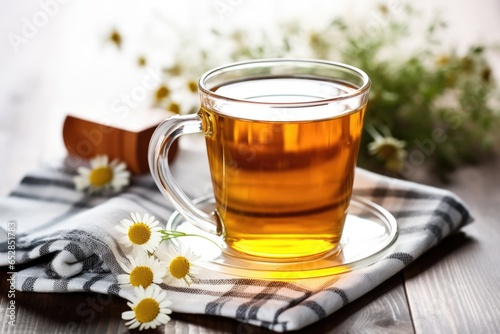 a cup of chamomile tea on a bedside table