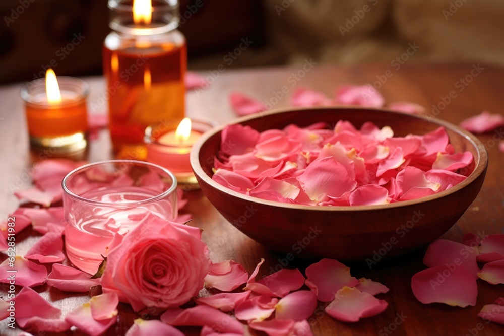 bowl of petals with a rose-scented candle and oil bowl of petals with a rose-scented candle and oil