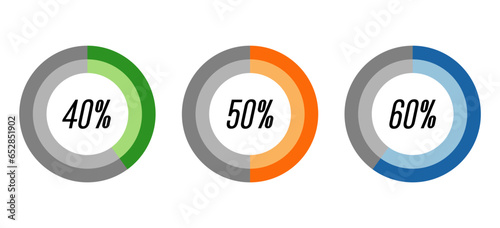 40,50,60 percent circle shape diagrams,colorful percentage infographic symbol,pie charts,vector.