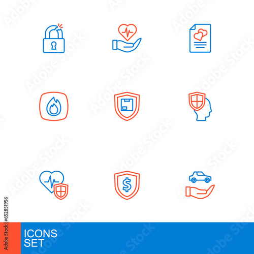 Set line Car insurance, Shield with dollar, Life shield, Fire flame, Delivery security, Marriage contract and hand icon. Vector