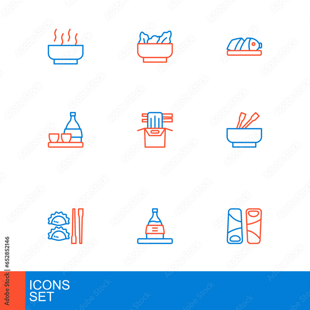 Set line Guotie, Bottle of sake, Dumpling with chopsticks, Asian noodles bowl, paper box, Fish sliced pieces and Wonton icon. Vector Set line Guotie, Bottle of sake, Dumpling with chopsticks, Asian noodles bowl, paper box, Fish sliced pieces and Wonton icon. Vector