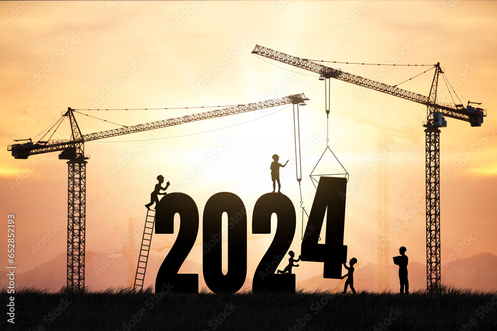 Silhouette engineers working on a construction site To prepare to welcome the new year , cranes and construction teams set the number 2024 in the concept. - obrazy, fototapety, plakaty 