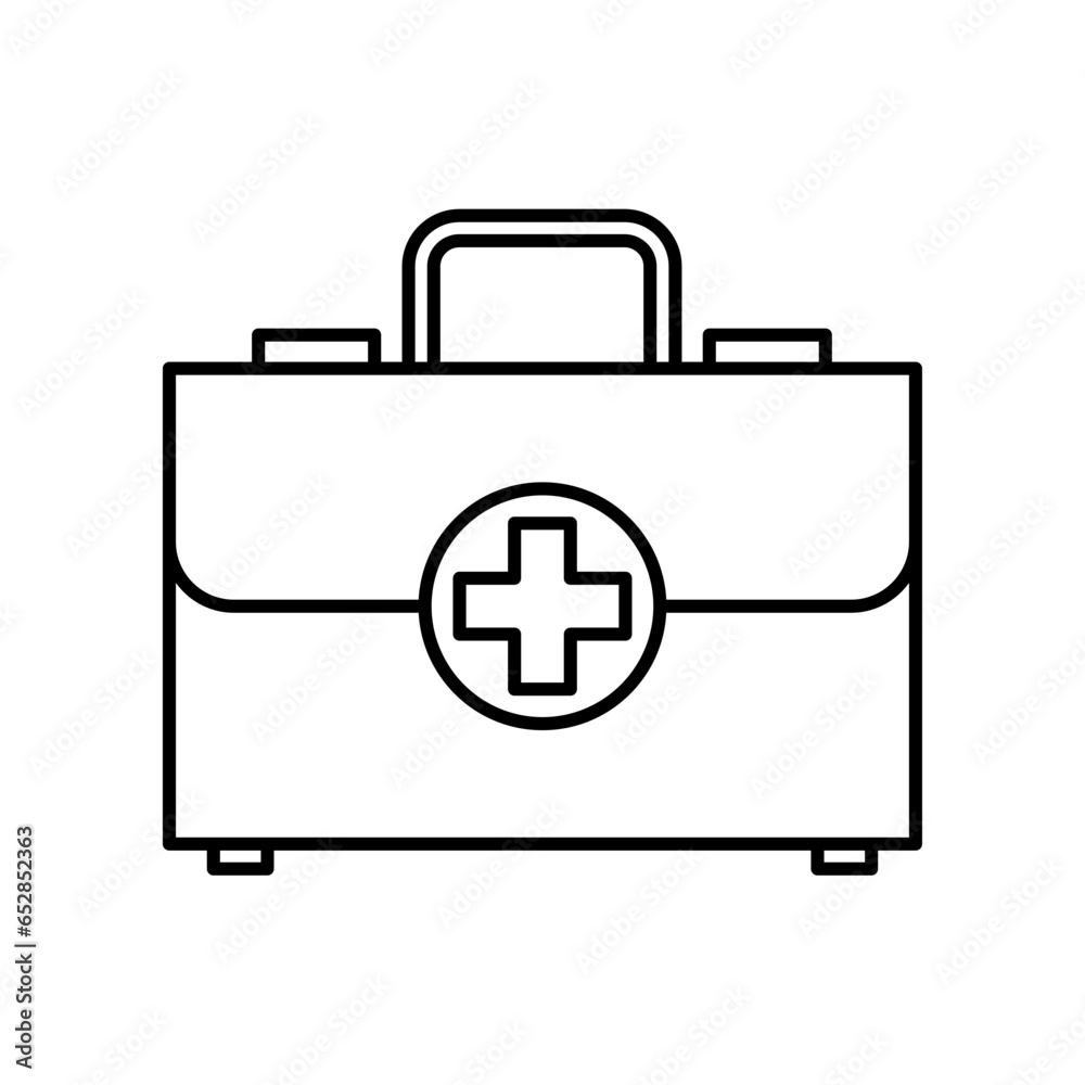 Obraz premium Ambulance suitcase icon. First aid kit, medical case bag, medicine box with cross emergency symbol. clinic equipment for rescue diagnostic. Vector illustration design.