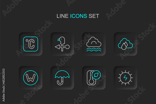Set line Solar energy panel, Thermometer, Umbrella, Compass north, Cloud with rain, Fog and cloud, Rooster weather vane and Celsius icon. Vector