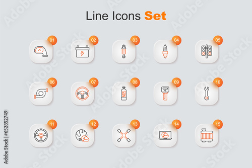 Set line Car radiator cooling system, Racing helmet, Wheel wrench, steering wheel, Wrench spanner, key with remote and Nitrous oxide icon. Vector