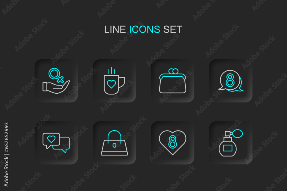 Set line Perfume, Heart with 8 March, Handbag, in speech bubble, Coffee cup heart and Female gender symbol icon. Vector Set line Perfume, Heart with 8 March, Handbag, in speech bubble, Coffee cup heart and Female gender symbol icon. Vector