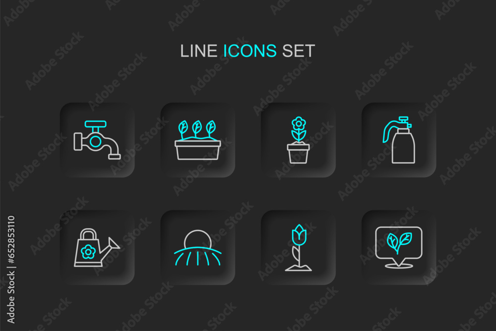 Set line Leaf, Flower tulip, Sunrise, Watering can, Garden sprayer for water, pot, Plant and tap icon. Vector Set line Leaf, Flower tulip, Sunrise, Watering can, Garden sprayer for water, pot, Plant and tap icon. Vector