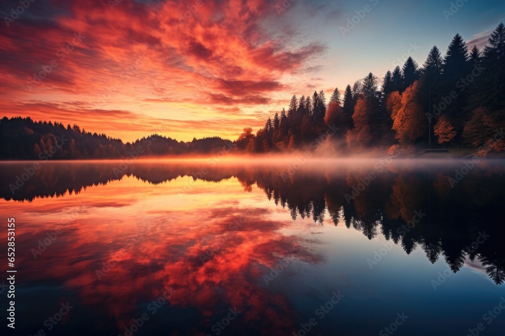 Obraz premium a reflection of an autumn sunrise on a calm lake