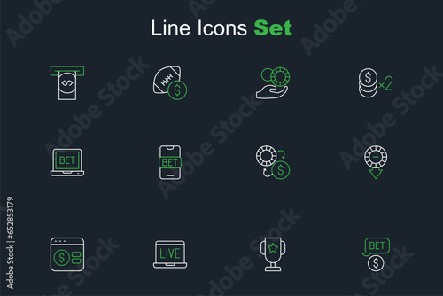 Set line Casino chip with dollar, poker trophy cup, Online table game, chips, exchange, sports betting and icon. Vector