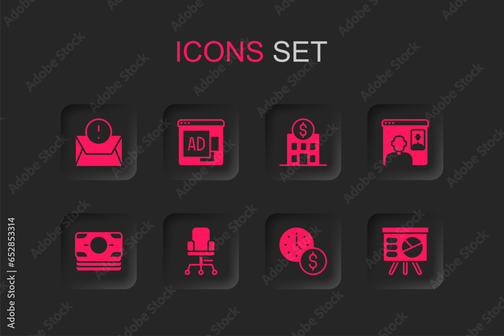 Set Office chair, Advertising, Envelope, Time money, Video chat conference, Board with graph, Bank building and Stacks paper cash icon. Vector Set Office chair, Advertising, Envelope, Time money, Video chat conference, Board with graph, Bank building and Stacks paper cash icon. Vector