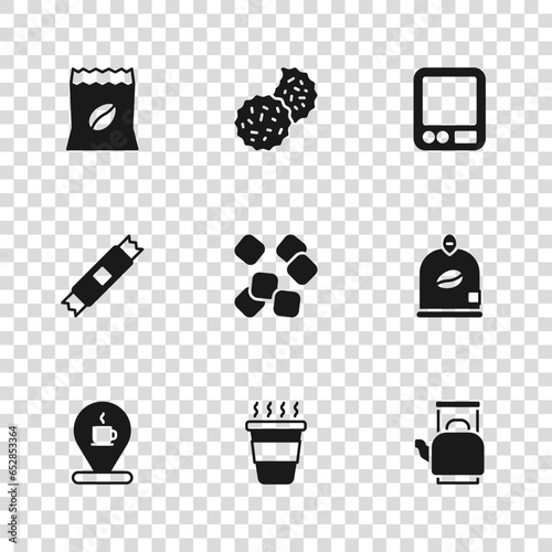 Set Coffee cup to go, Bag coffee beans, Kettle with handle, Sugar cubes, Electronic scales, Cookie or biscuit and stick packets icon. Vector