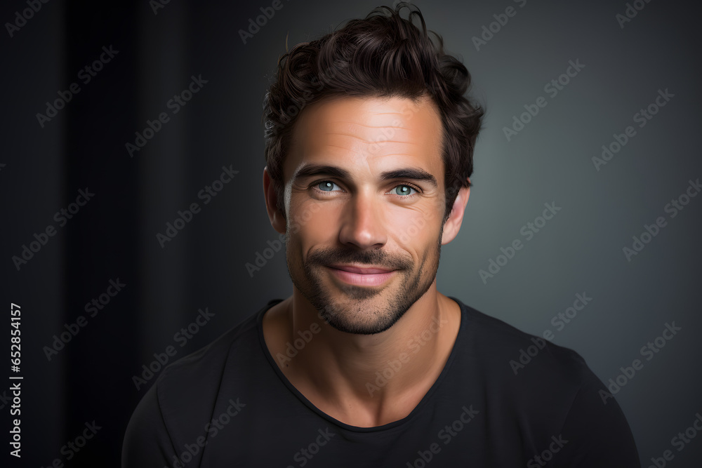 Portrait of a handsome guy smiling, model man looking at the camera and happiness. Created by AI generative Portrait of a handsome guy smiling, model man looking at the camera and happiness. Created by AI generative