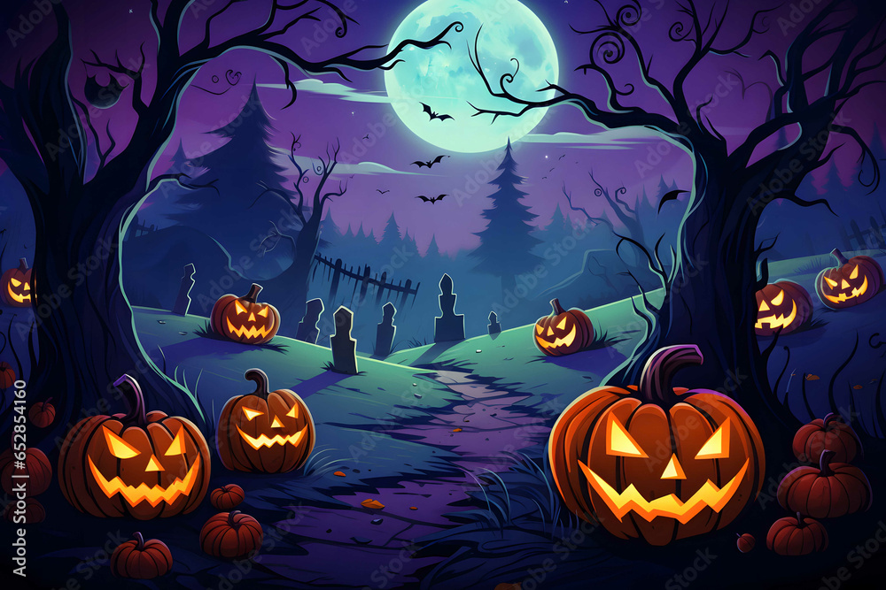 Halloween vector background with a pumpkin patch bathed in the glow of jack-o'-lanterns