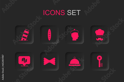 Set Macaroni, French baguette bread, Leaning tower in Pisa, Covered with tray of food, Italian cook, Old key, man and Flag Italy icon. Vector