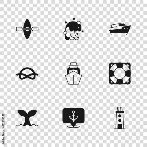 Set Anchor, Lifebuoy, Lighthouse, Yacht sailboat, Speedboat, Kayak and paddle, Tsunami and Nautical rope knots icon. Vector