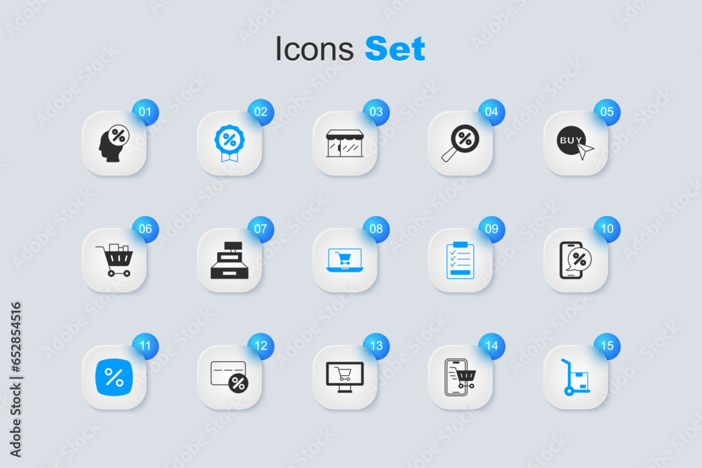 Set Mobile with shopping cart, Cash register machine, Discount percent tag, Hand truck and boxes, Percent discount on phone, and Shopping screen laptop icon. Vector Set Mobile with shopping cart, Cash register machine, Discount percent tag, Hand truck and boxes, Percent discount on phone, and Shopping screen laptop icon. Vector