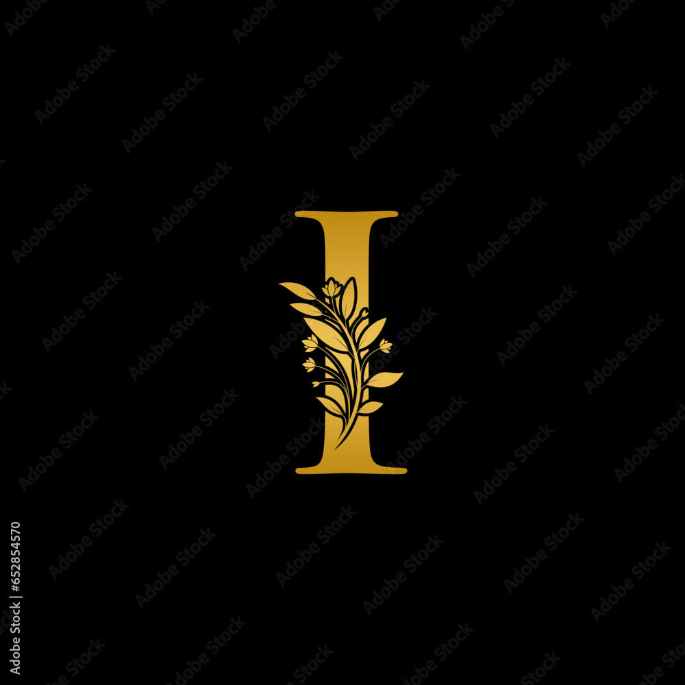 Golden floral letter I logo Icon, Luxury alphabet font initial design isolated on black background Golden floral letter I logo Icon, Luxury alphabet font initial design isolated on black background