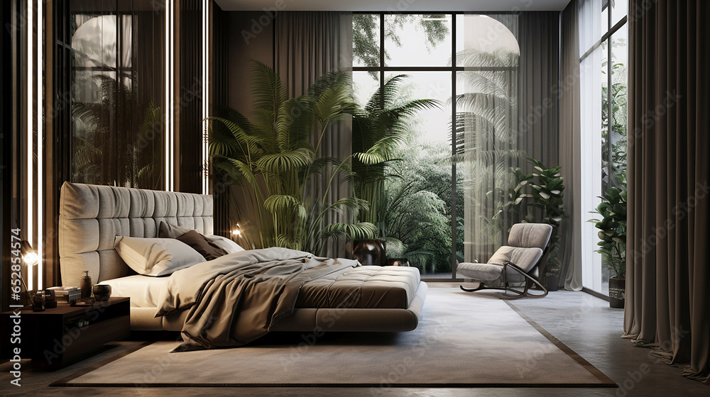 Przytulna elegancka luksusowa sypialnia w stonowanych kolorach z z roślinami domowymi - obrazy, fototapety, plakaty 