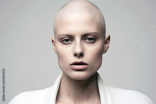 androgynous individual with a piercing gaze, painted lips and a shaved head, on a flat monochromatic gray background