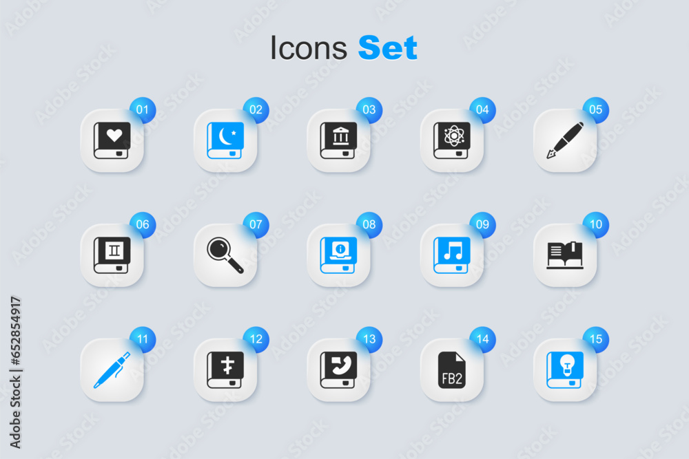 Set FB2 File, Magnifying glass, Holy book of Koran, Pen, User manual, Open, Romance and icon. Vector Set FB2 File, Magnifying glass, Holy book of Koran, Pen, User manual, Open, Romance and icon. Vector