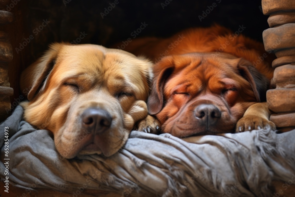 two bonded dogs of different breeds sleeping together
