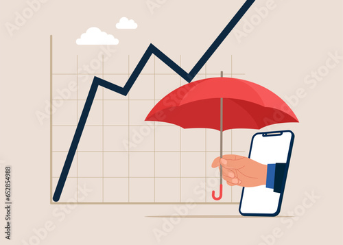 Hand businessman with smartphone holding umbrella protect graph down. Flat vector illustration