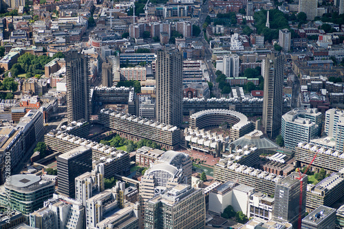 London The Barbican Aerial View Landmarks and Skyline on a Sunny Day English British United Kingdom Tourist tourism site Capital City Helicopter Drone photo
